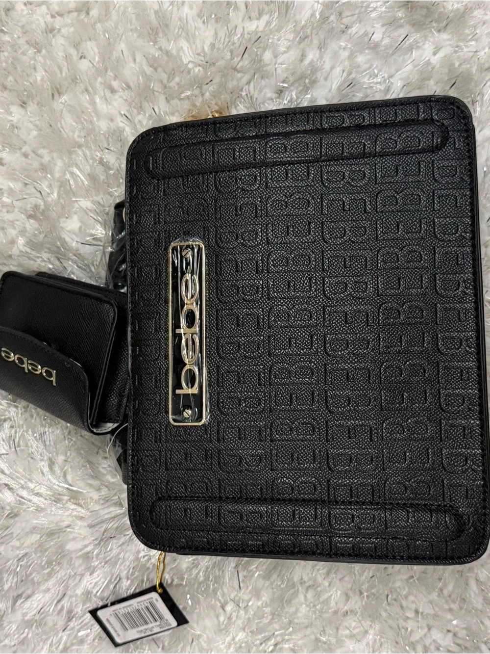 bebe Black Embossed Logo Shoulder Bag with Gold Plaque